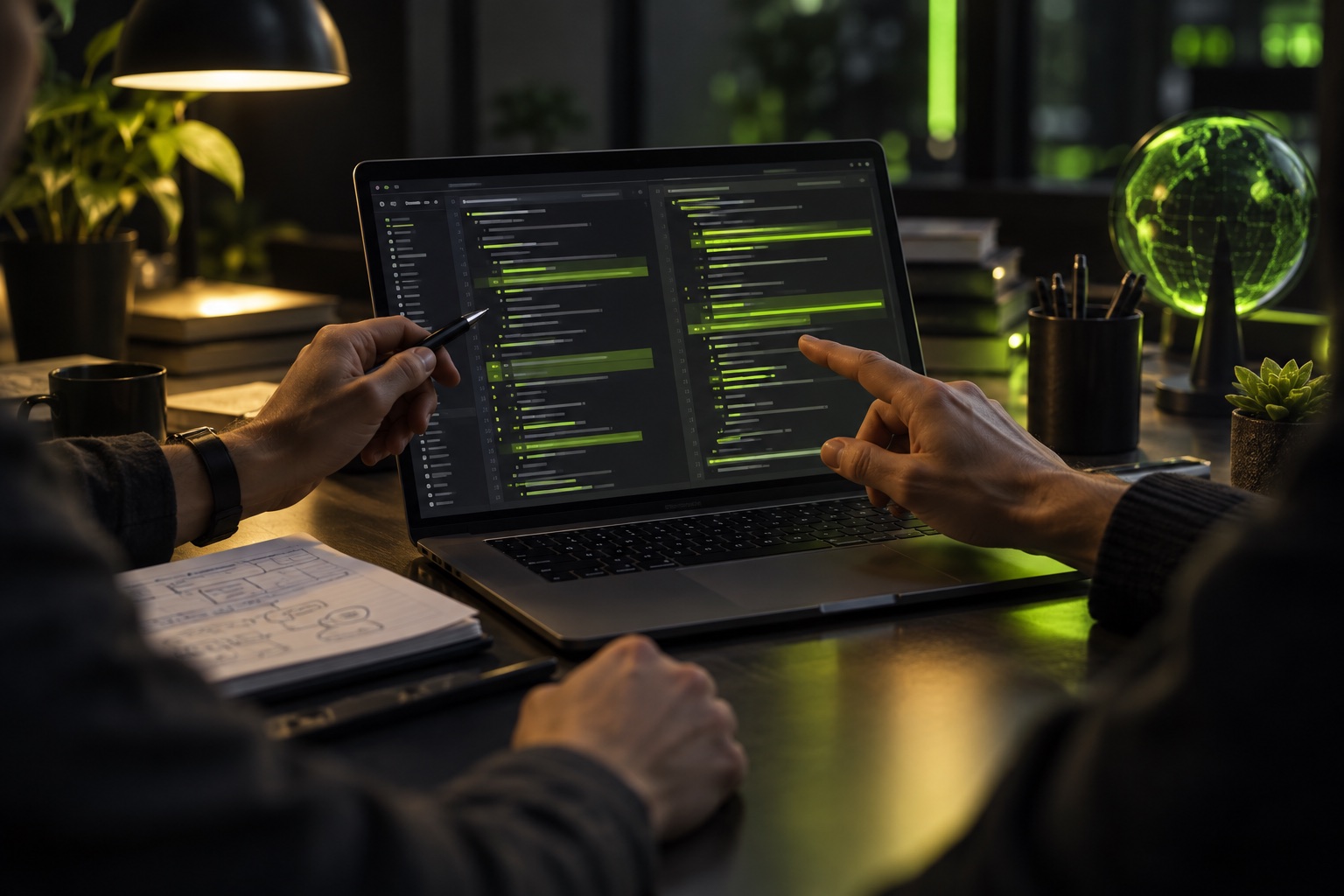 Zwei Menschen gehen gemeinsam Code an einem Laptop durch, eine Person zeigt auf den Bildschirm.