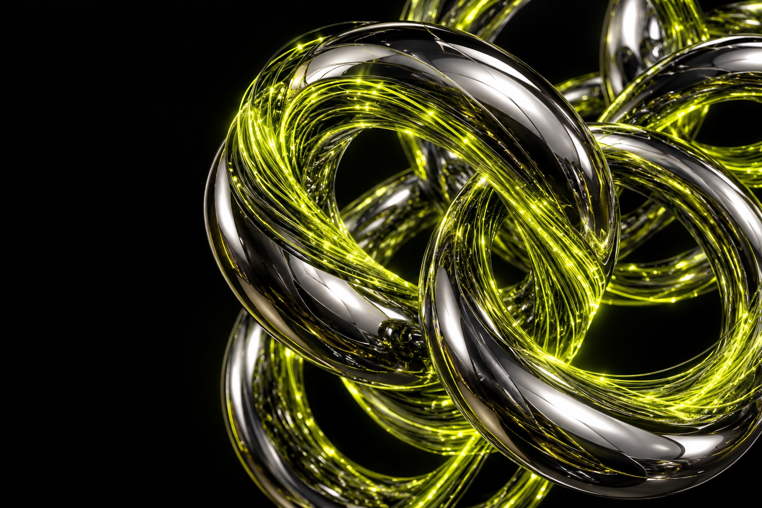 Interconnected chrome rings threaded with electric-lime light