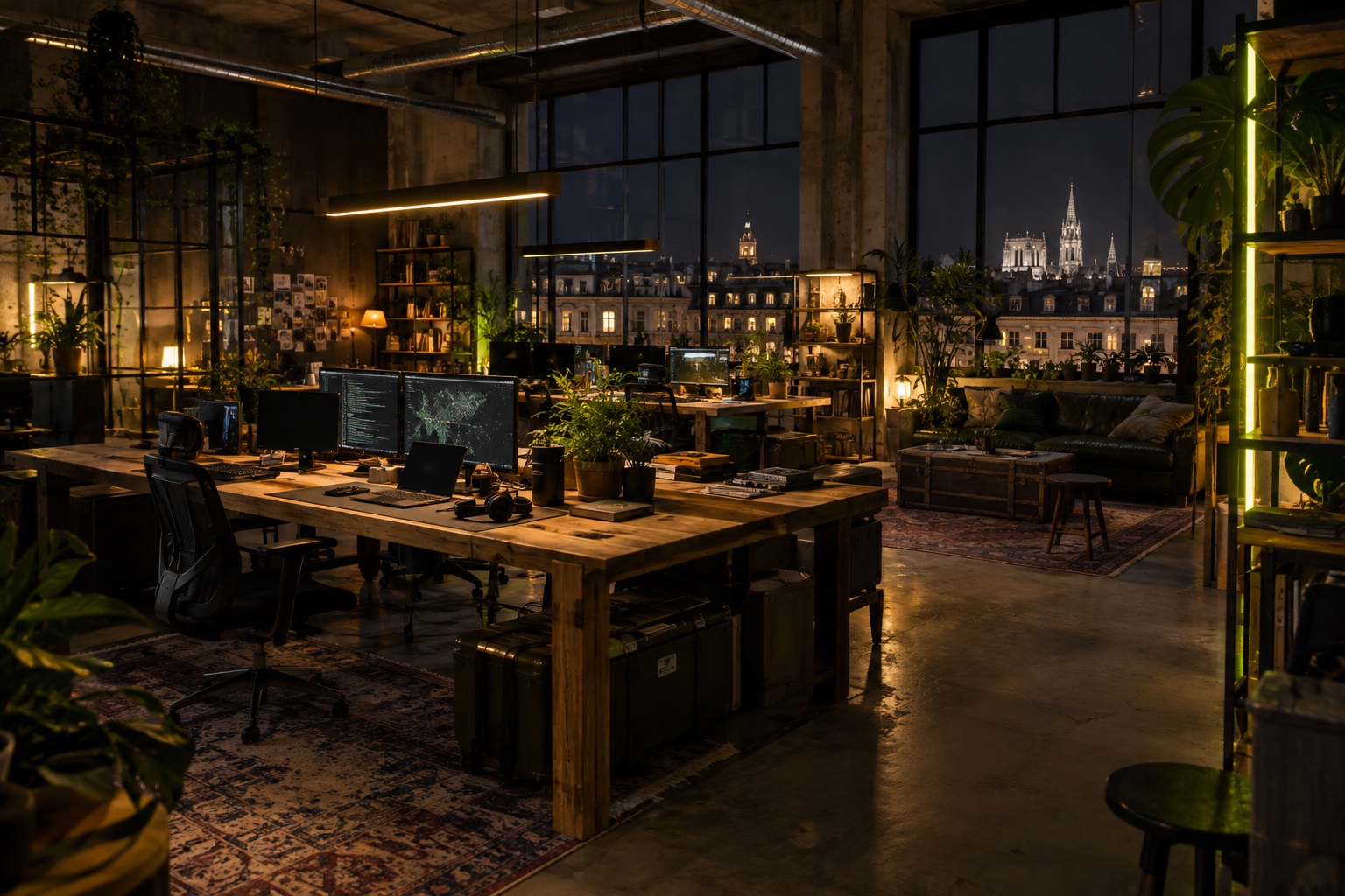 Concept for a warm industrial research studio with shared desks and views over Vienna
